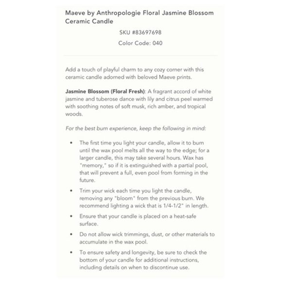 NWT-Anthropologie Maeve Floral Jasmine Blossom Ceramic Candle - Picture 5 of 5